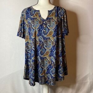 Tralilbee blouse paisley print blue short sleeve size 3X, NWT